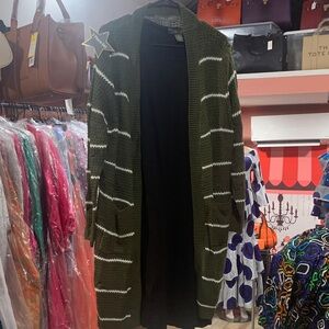 Elegant Olive Green Striped Midi Dress